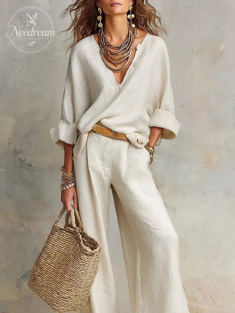 Off White Natural Linen Loose Fitting Resort Wear Set