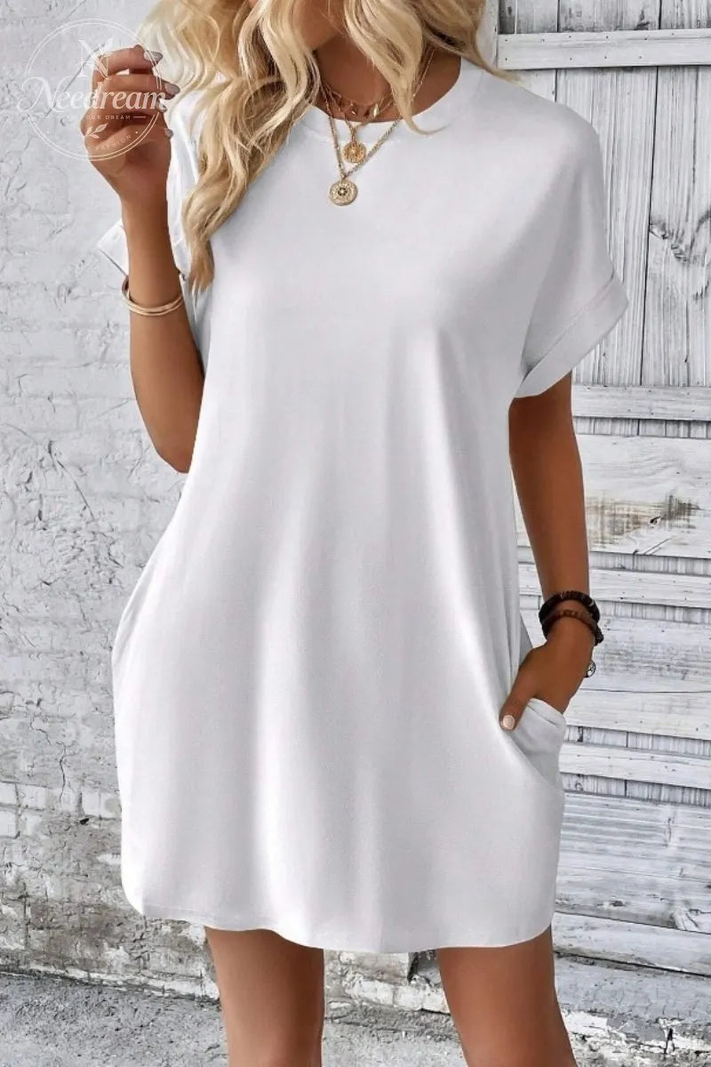 Casual Minimalist Round Neck Roll Up Sleeve Dress