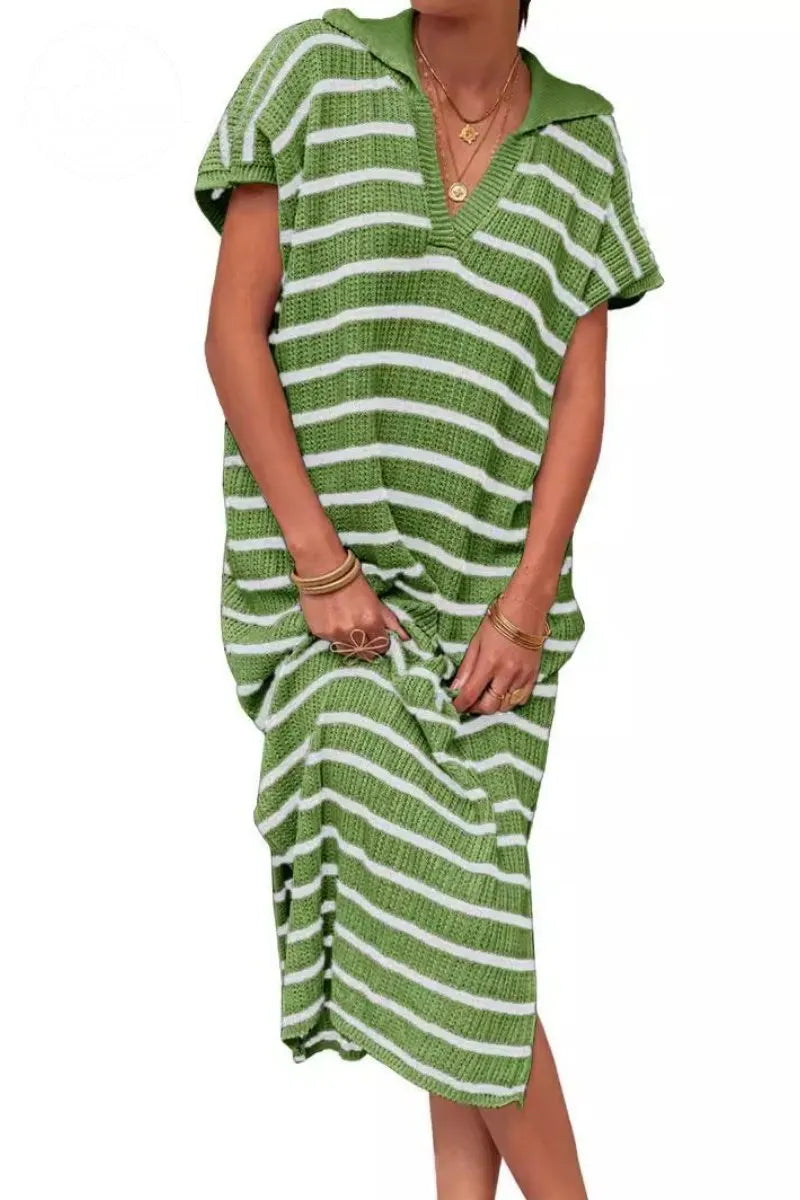 Womens Striped Summer Dresses Short Sleeve V Neck Knit Collared Sexy Slit Loose Maxi Sweater Dress