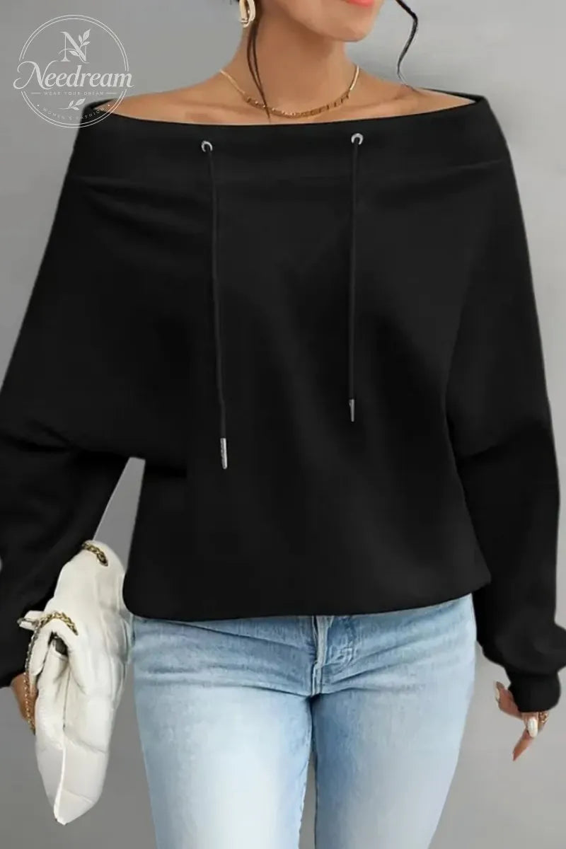 Women's Casual Off Shoulder Drawstring Batwing Sleeve Sweatshirt