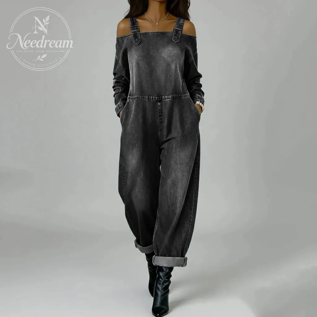 Women's Casual Off Shoulder Long Sleeve Slant Pocket Wide Leg Loose Jumpsuits