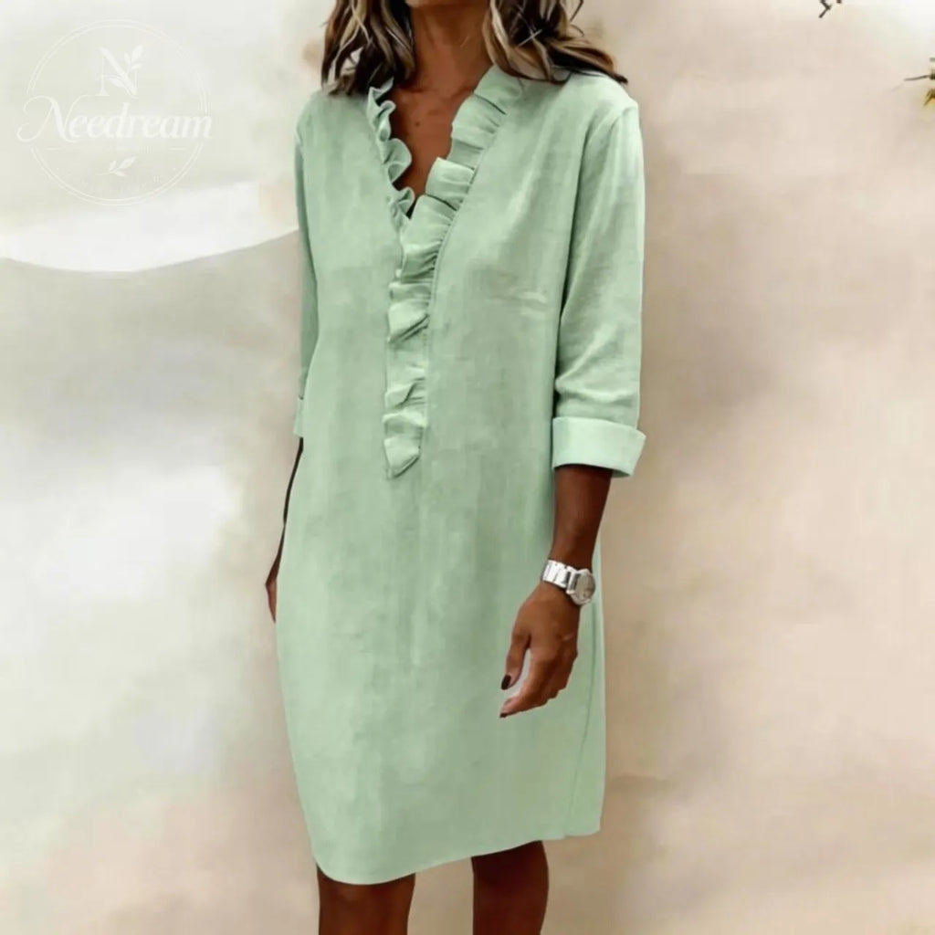 Ruffled V-Neck Solid Color Dress
