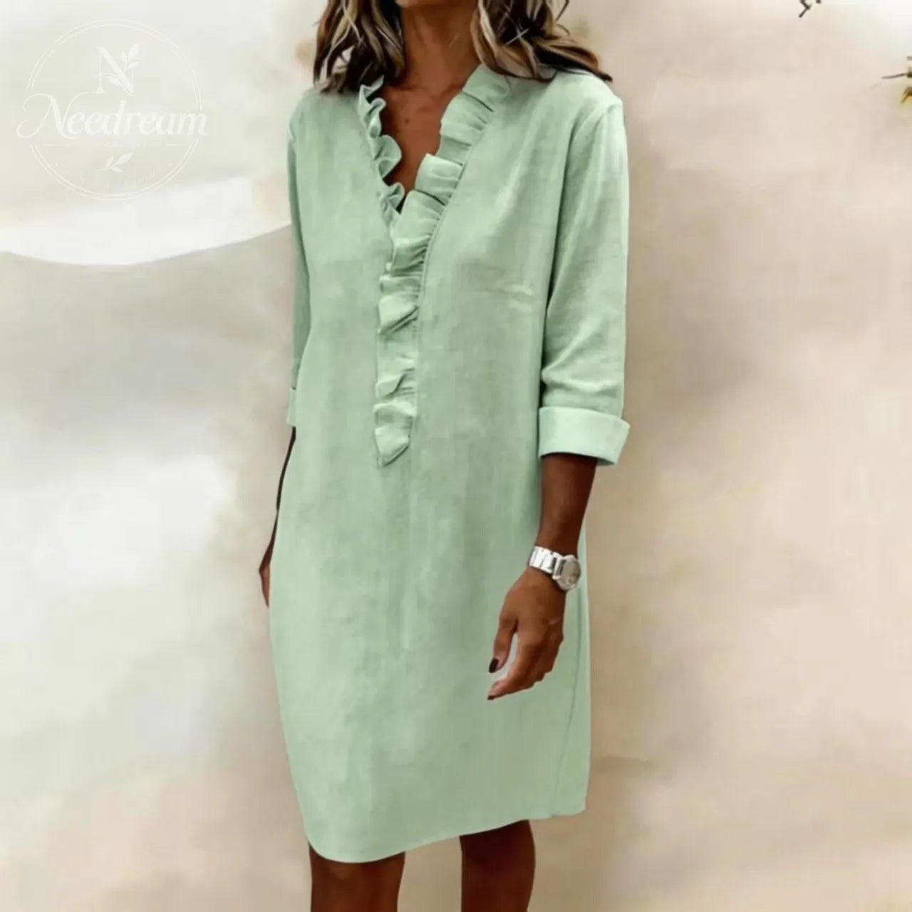 Ruffled V-Neck Solid Color Dress