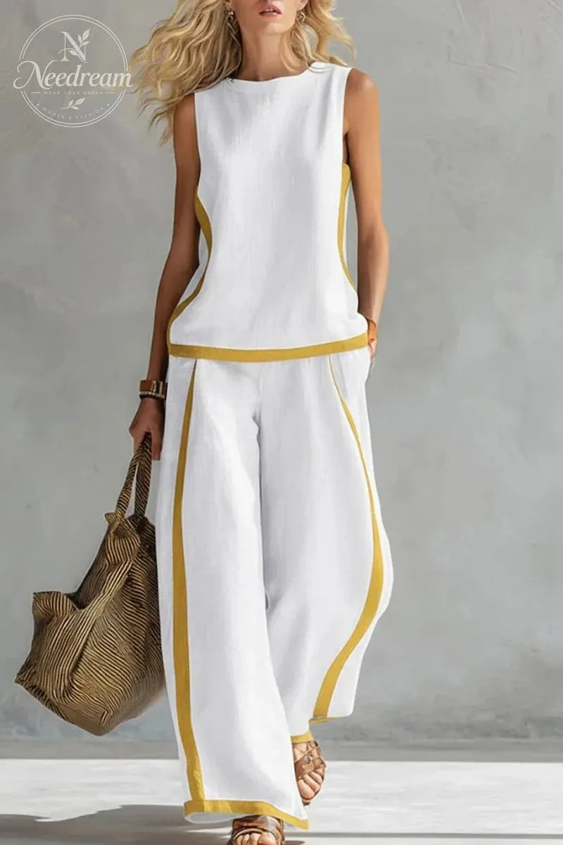 Women's Two Tone Trim Vest & Wide Leg Pants 2Pcs Set