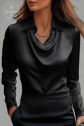 Women's Solid Turndown Collar Cowl Neck Long Sleeve Blouse