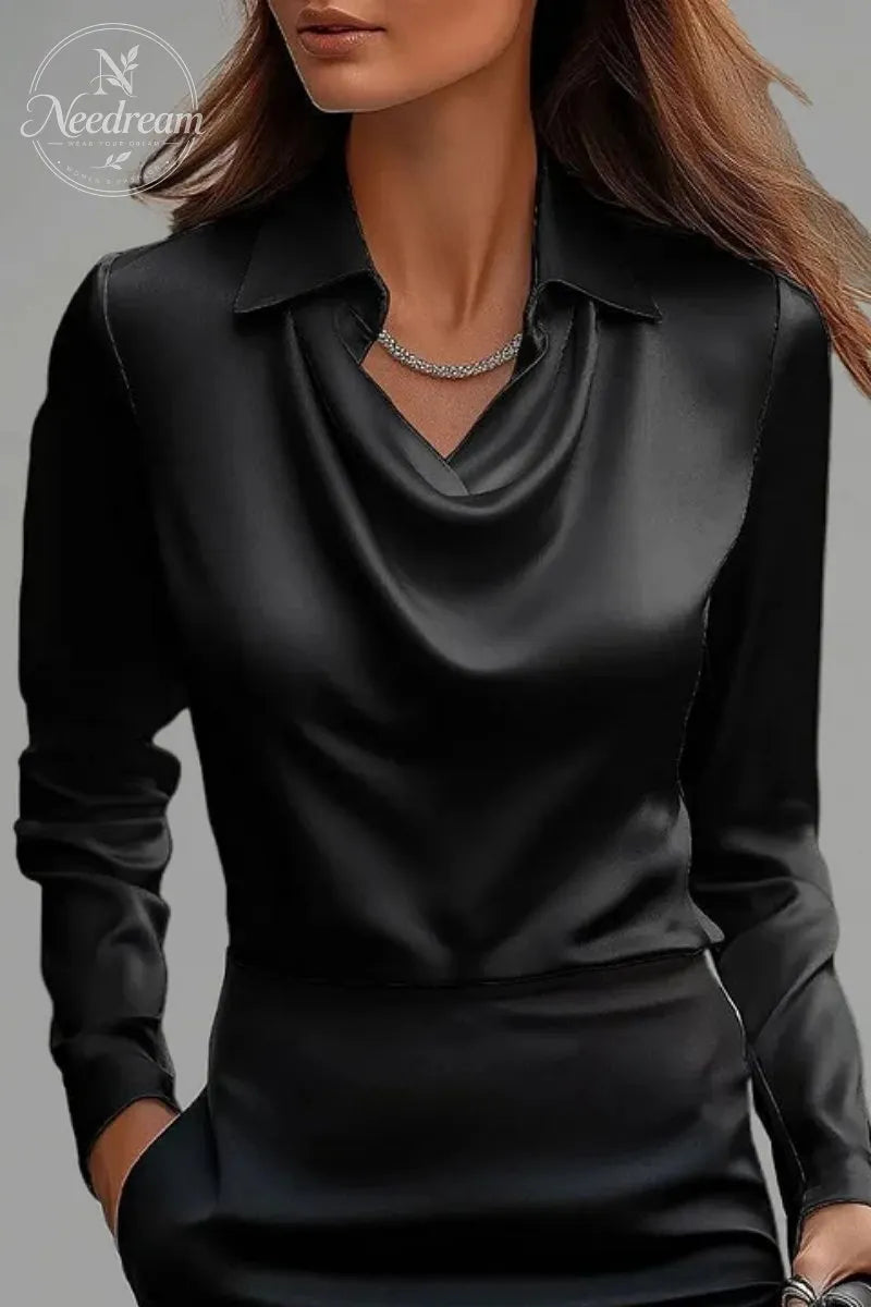 Women's Solid Turndown Collar Cowl Neck Long Sleeve Blouse