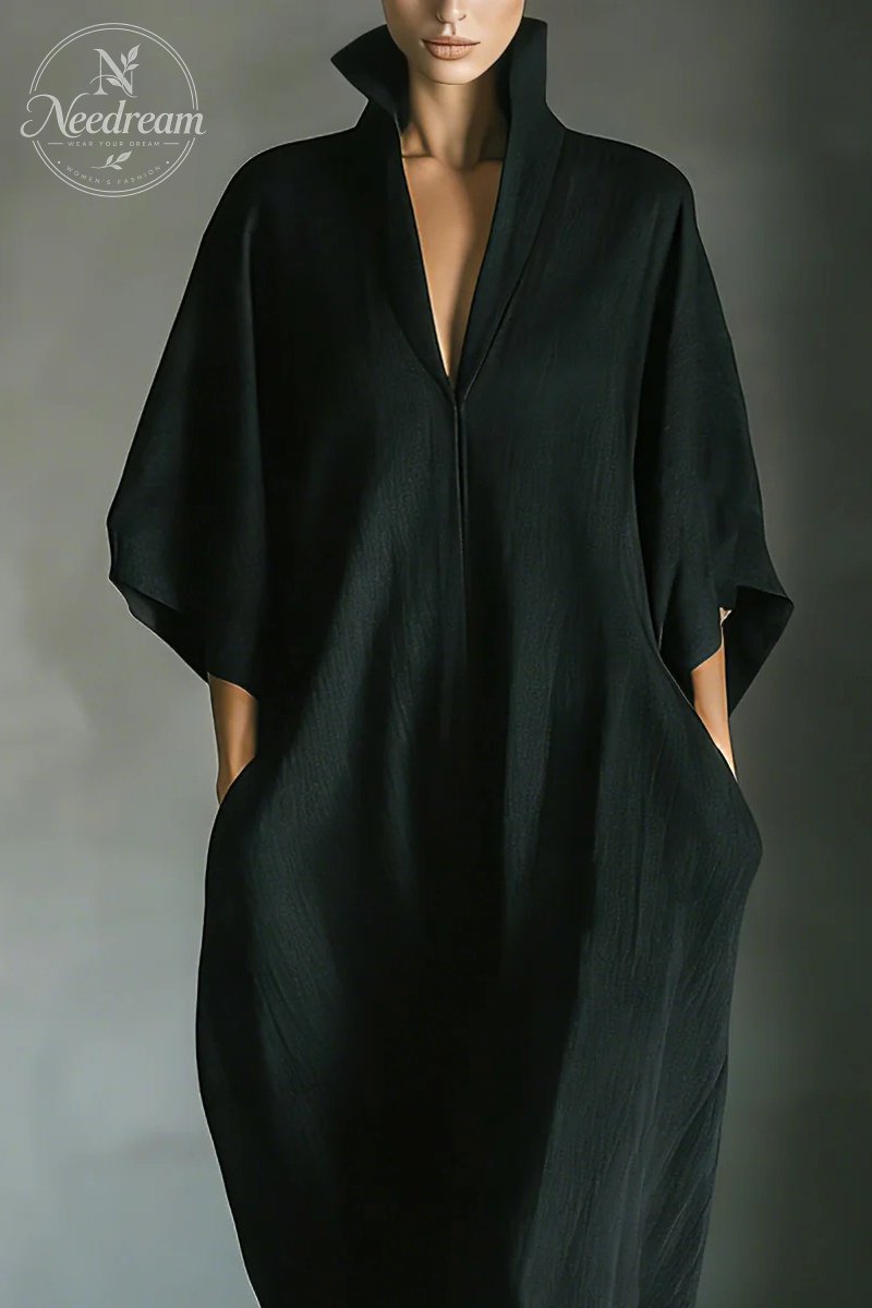 Women's Black Cotton Blend Fabric Oversized Kimono-Sleeve Maxi Dress With Pockets