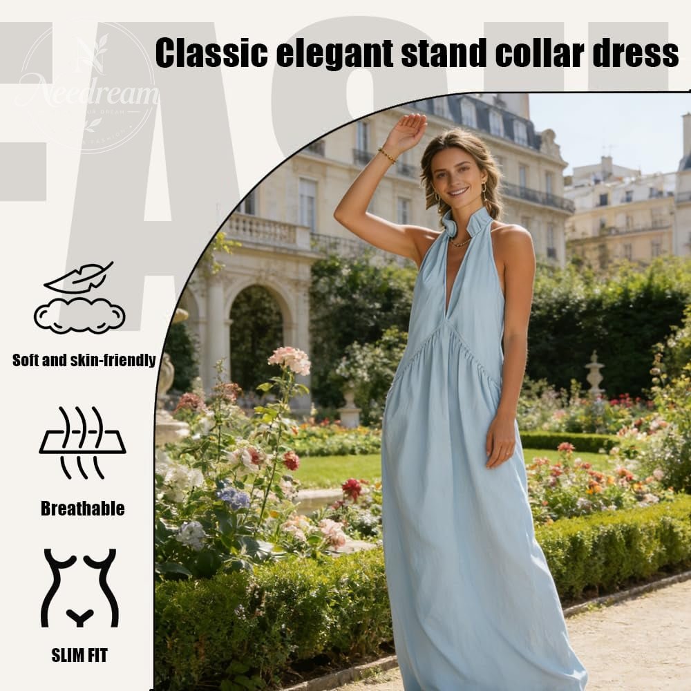 2026 Minimalist Halter Neck Maxi Dress | Casual Loose Fit Summer Dress with Pockets for Women