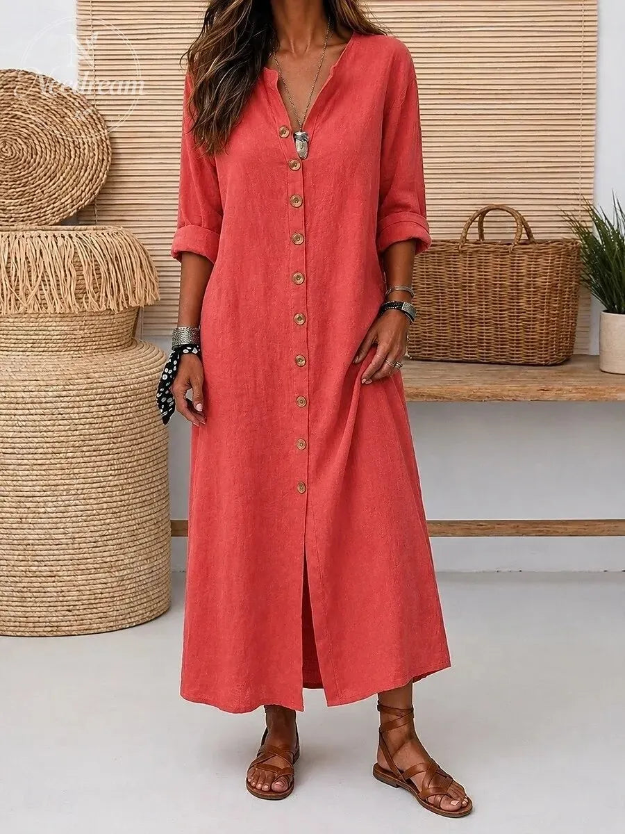 Women'S Vintage Long Sleeve V Neck Slant Pocket Button Front Linen Maxi Dress