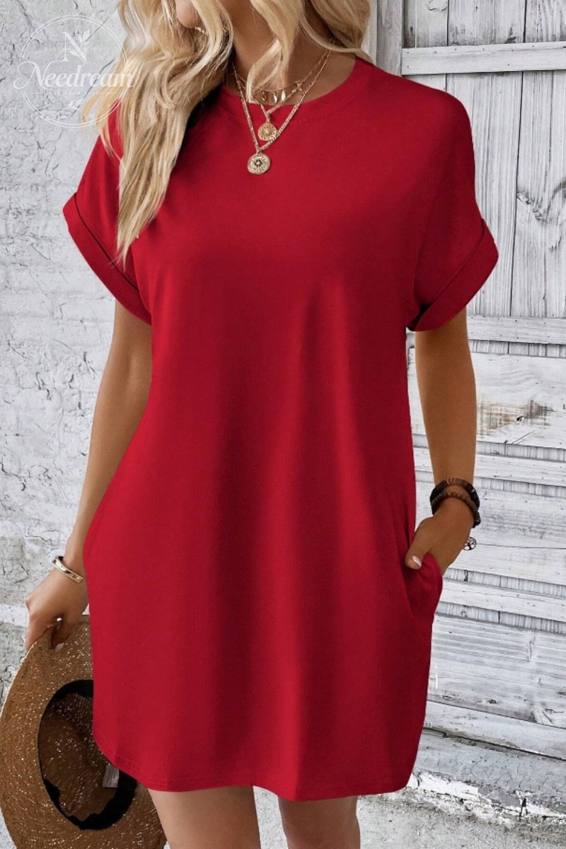 Casual Minimalist Round Neck Roll Up Sleeve Dress