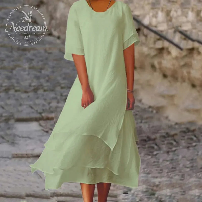 Women'S Round Neck Irregular Hem Midi Dress