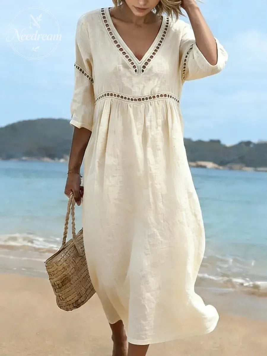 Women Cotton Maxi 3/4 Sleeve V Neck Pleated Lace Dress
