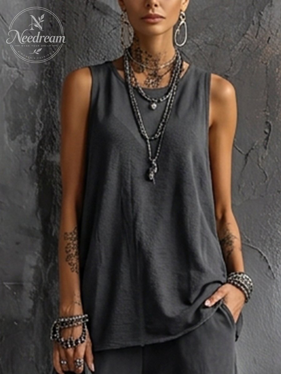 Women's Casual Style Dark Gray Cotton Blend Sleeveless Top + Jogger Cargo Pants Set