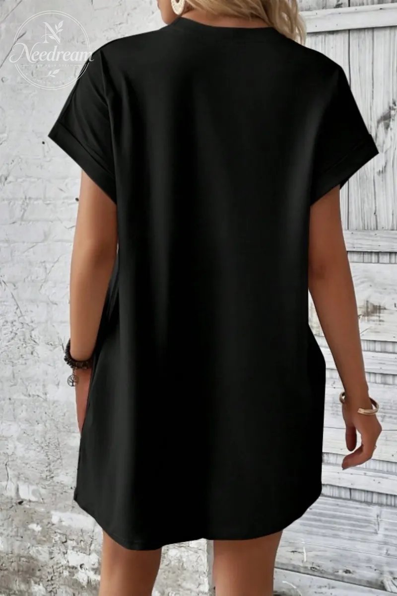 Casual Minimalist Round Neck Roll Up Sleeve Dress