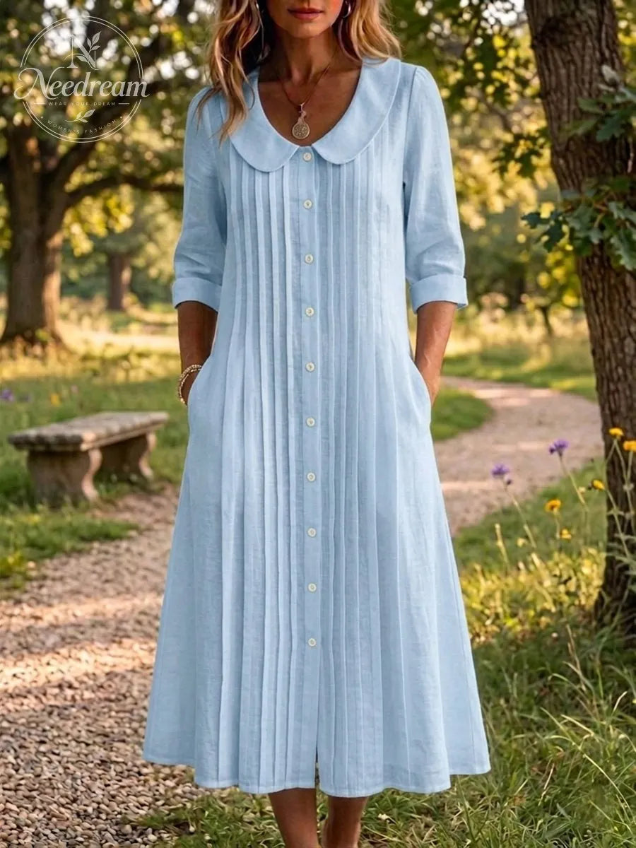 New Arrivals🔥 Women's Peter Pan Collar Casual Loose Pleated Cotton And Linen Dress