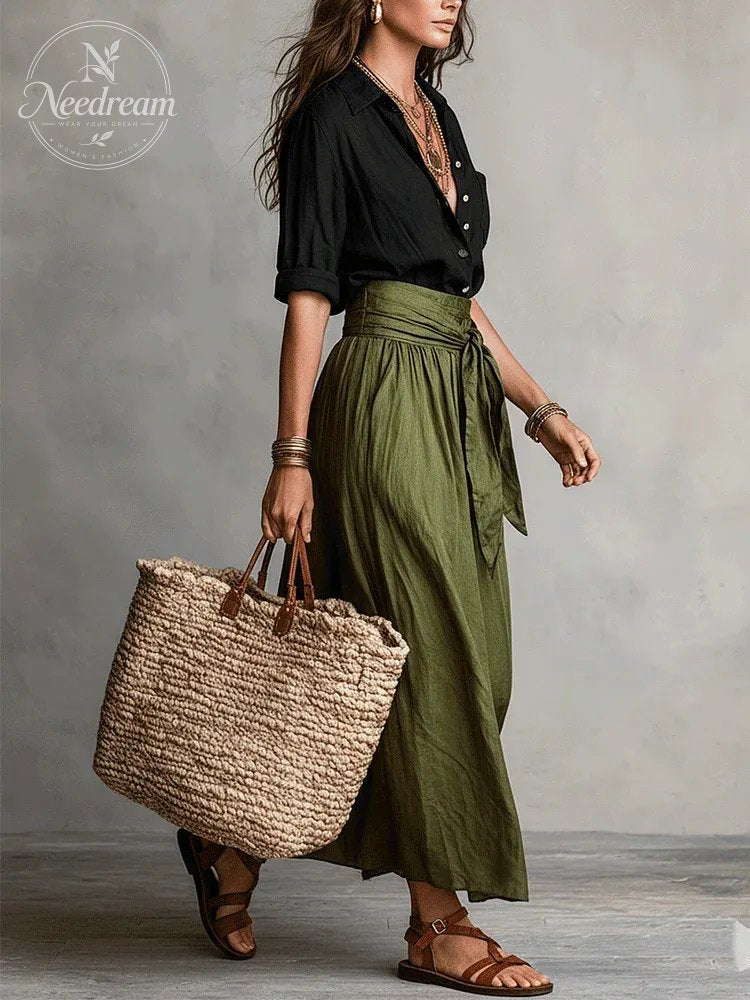 Effortless Boho Black Blouse & Olive Satin Midi Skirt Set