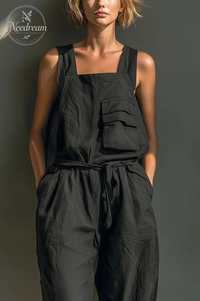 Women's Black Cotton Blend Sleeveless Jumpsuit With Square Neck & Utility Pocket Detail