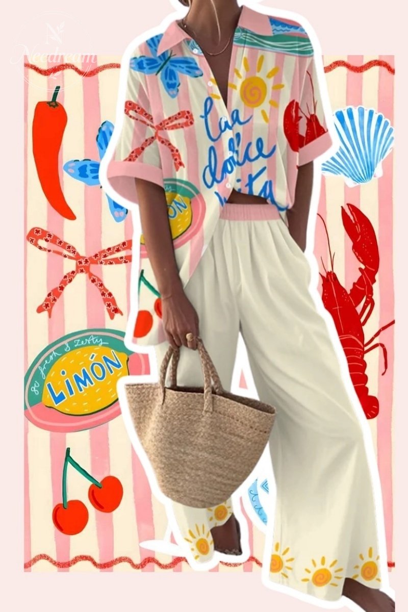 Seaside Holiday Striped Print Shirt & Shorts Two-Piece Set