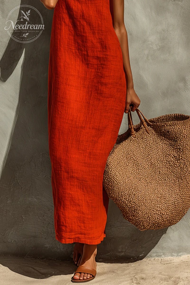 Women's Red Cotton Dress With Spaghetti Straps & Square Neck, Timeless Boho-Resort Style Dress