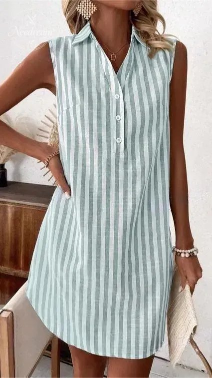 Women'S Minimalist Sleeveless V-Neck Button-Down Striped Shirt Dress