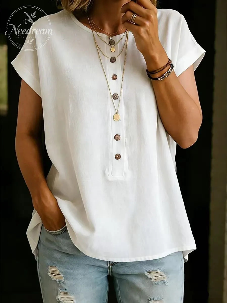 Button-Down Solid Color Elegant Retro Fashion Round Neck Short Sleeve