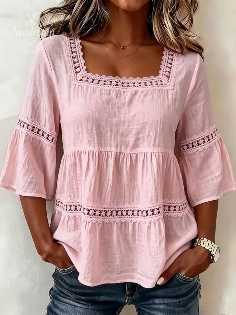 Women'S White Boho Blouse Crochet Lace Trim Bell Sleeve Tiered Flowy Top
