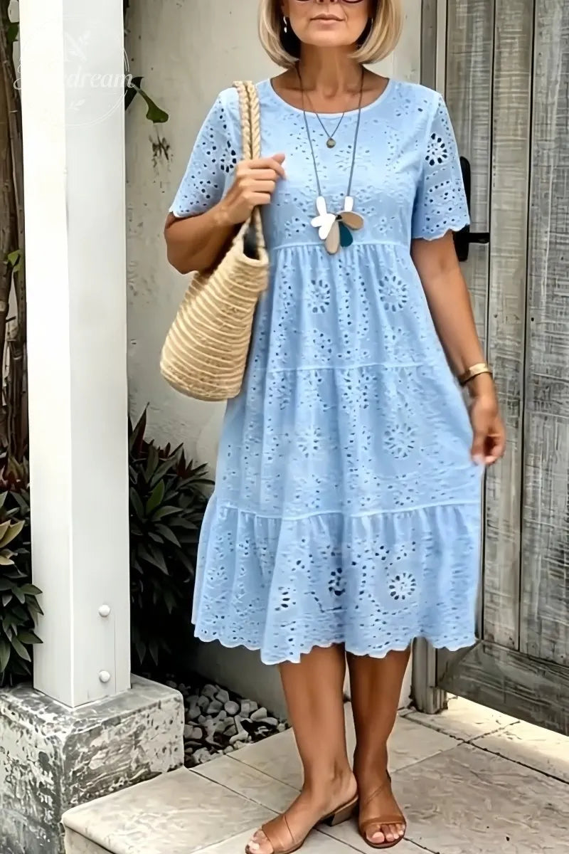 Women'S Solid Round Neck Floral Embroidered Lace Cutout Dress