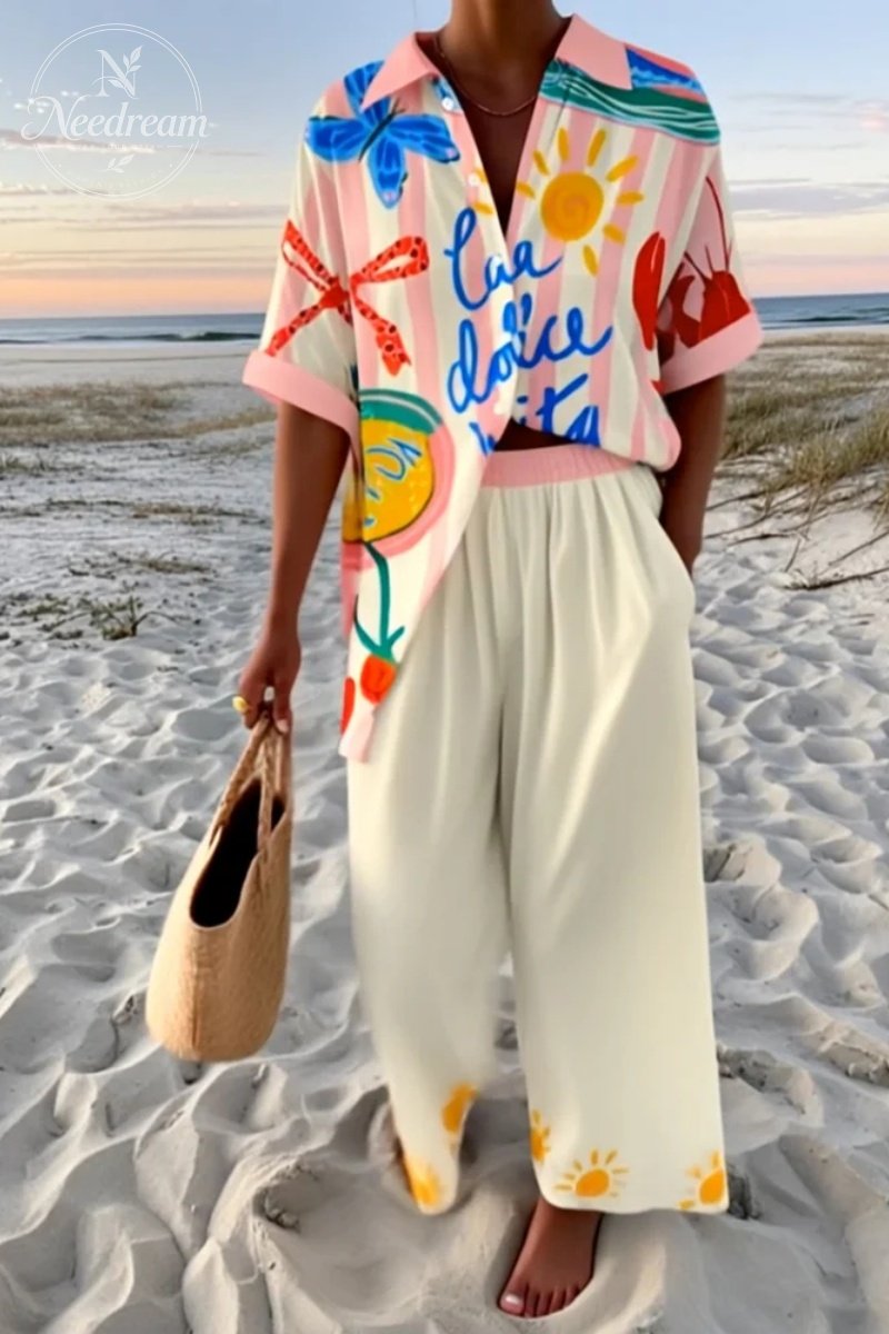 Seaside Holiday Striped Print Shirt & Shorts Two-Piece Set