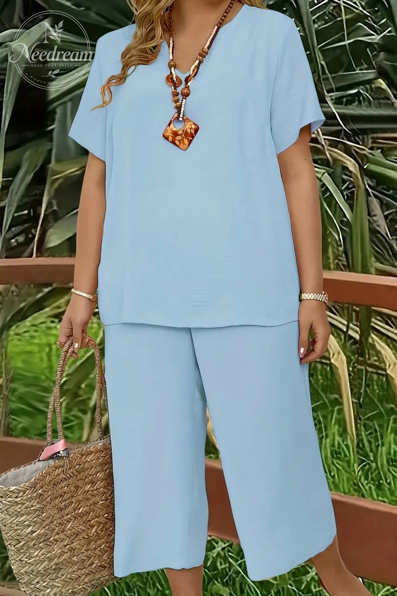 Elegant Plus Size Women's Solid Color Short Sleeve Fashion Top & Casual Wide Leg Pants Set