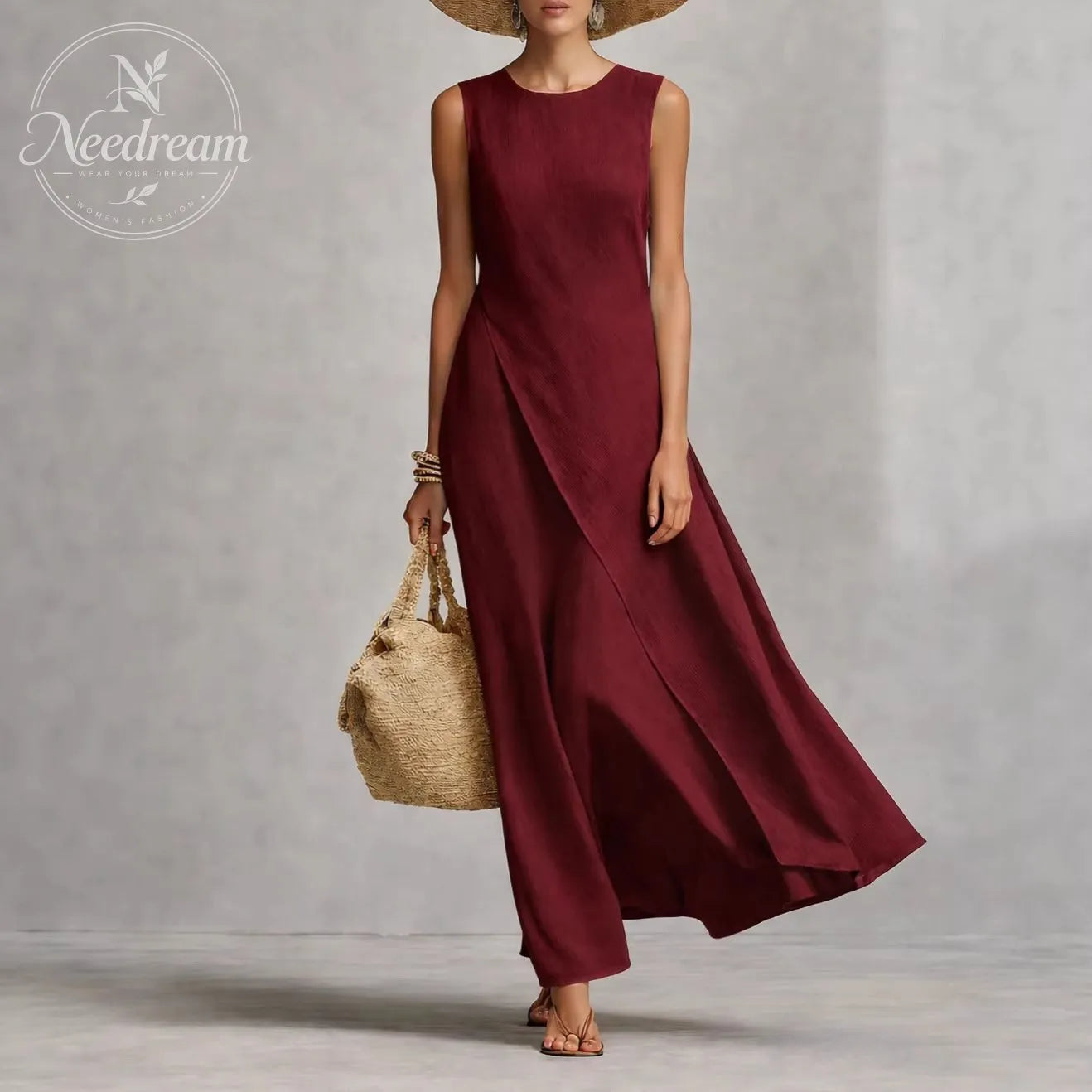 Women's Ivory Breathable Linen Dress With Sleeveless Detail & Asymmetric Hem, Contemporary Casual-Feminine Style Dress