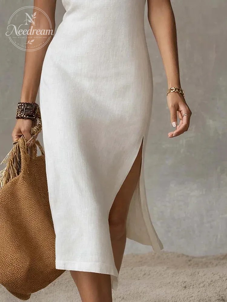 Stand-collar Split-hem Cotton And Linen Midi Dress