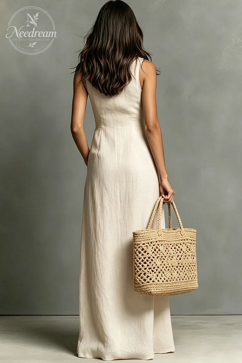 Women'S Minimalist Linen-Blend Collared Single-Breasted Sleeveless Maxi Shirt Dress