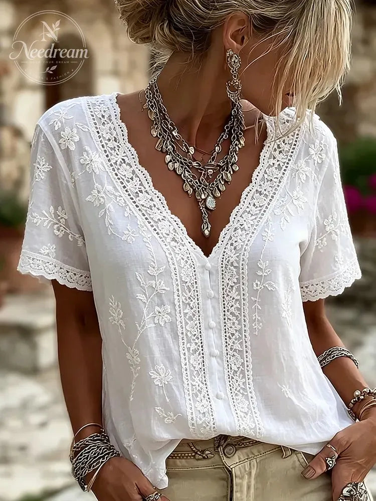 Women's White Floral And Lace Art Cotton Linen V-neck Short Sleeve Top
