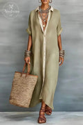 Women's Minimalist Linen Blend Short-sleeved Shirt Maxi Dress