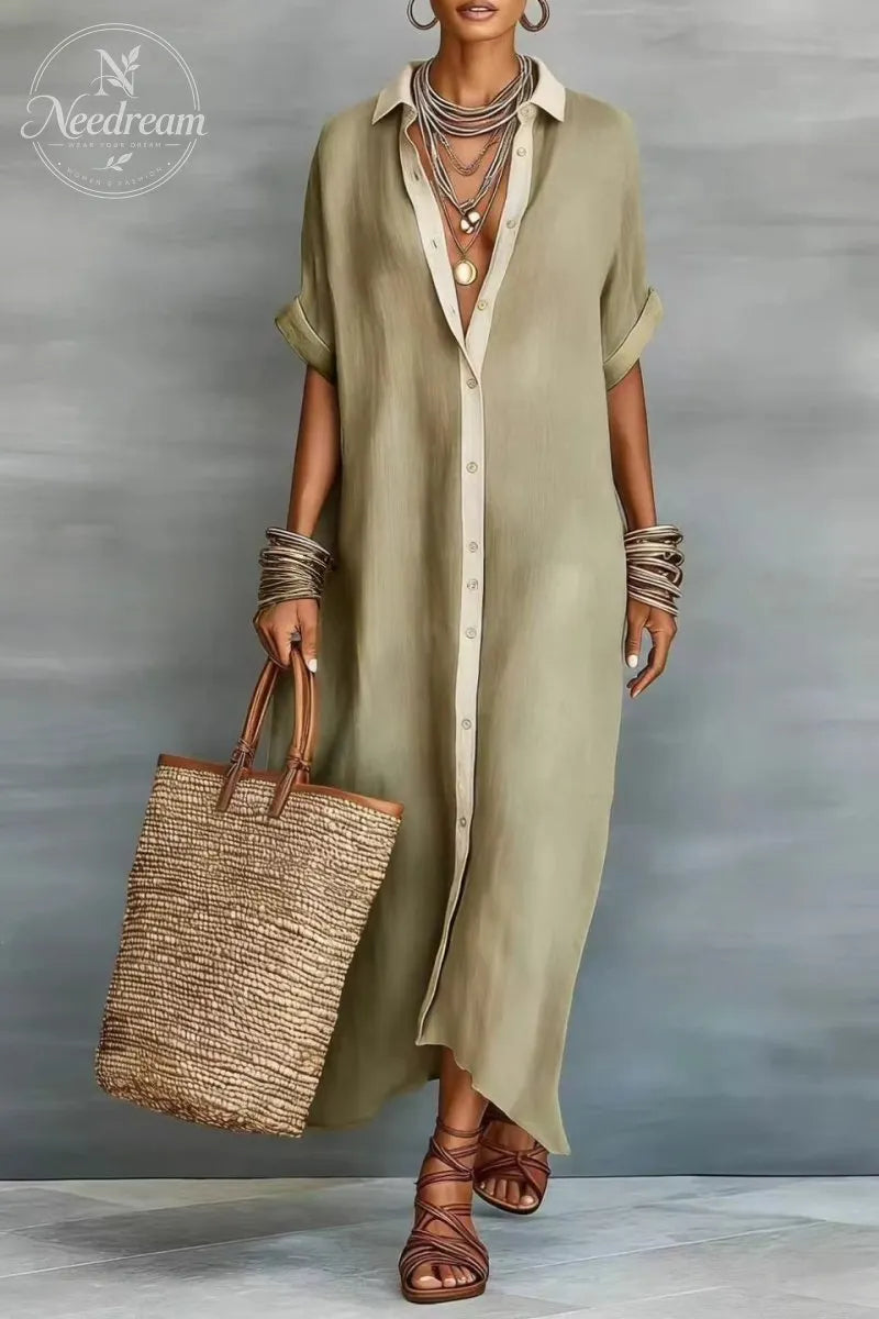 Women's Minimalist Linen Blend Short-sleeved Shirt Maxi Dress