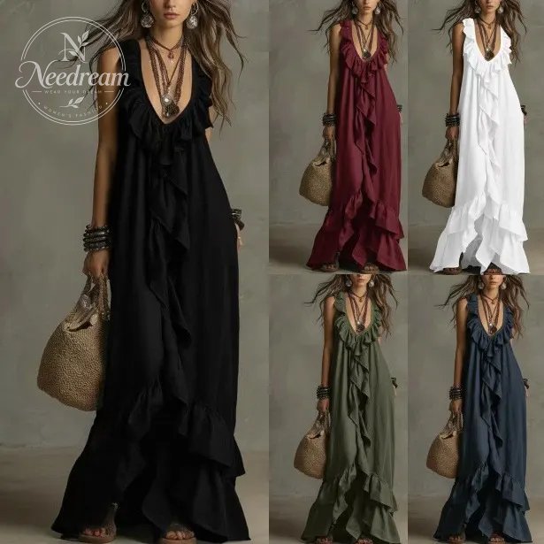 Elegant Bohemian V Neck Ruffle Maxi Dress