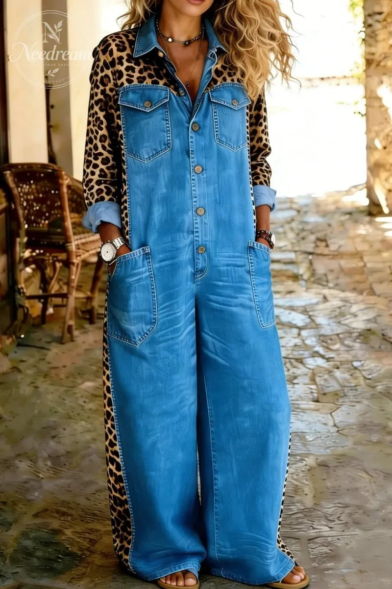Women's Casual Long-Sleeved Pocket Leopard Print Denim Jumpsuit