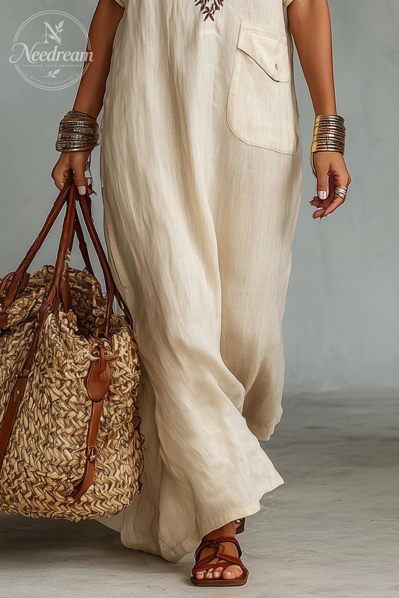 Women's Minimalist Linen Blend Short-sleeved Shirt Maxi Dress