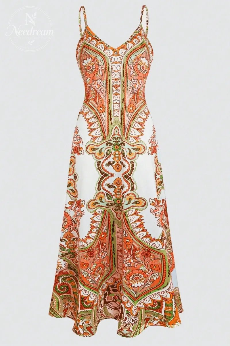 Women's Floral Print Dress, Boho Sleeveless Spaghetti Strap Maxi Dress