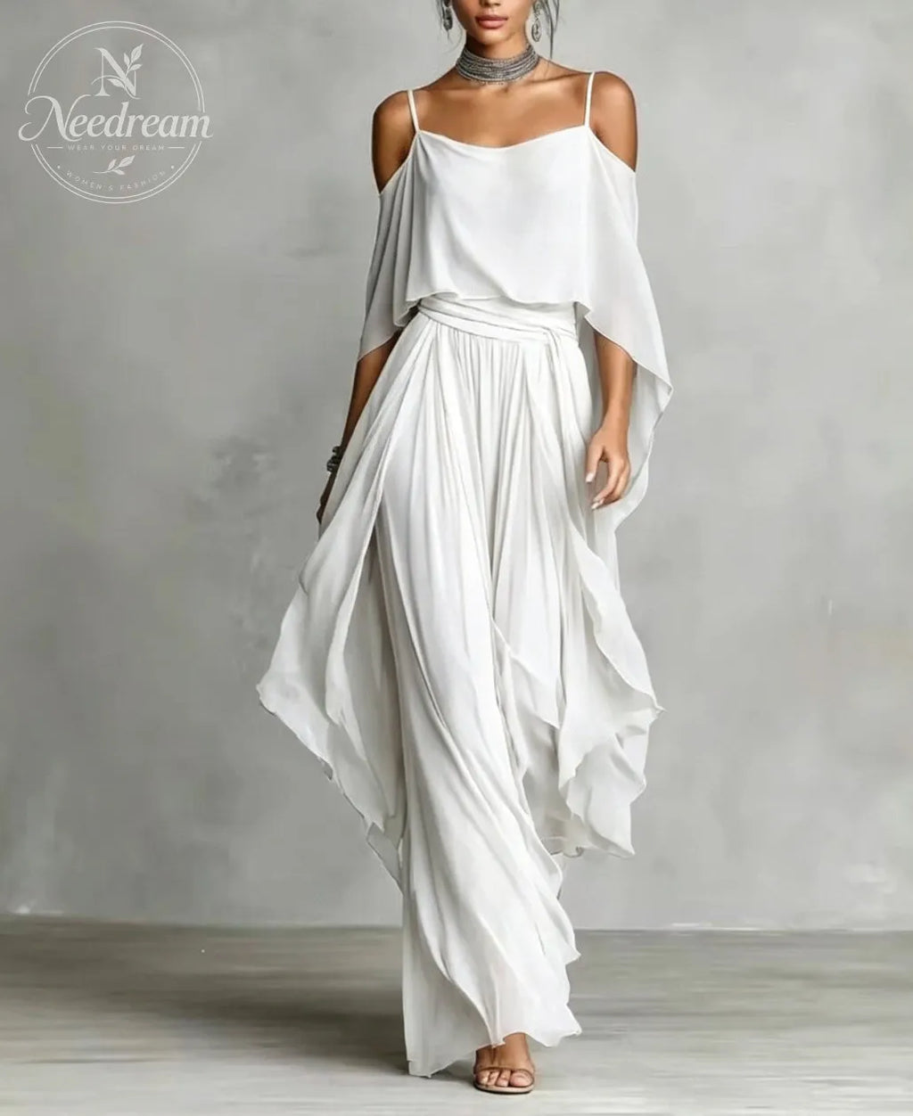 Women's Grey Breathable Chiffon Set With Cold-Shoulder Detail & Flared Silhouette, Contemporary Luxury-Feminine Style Set