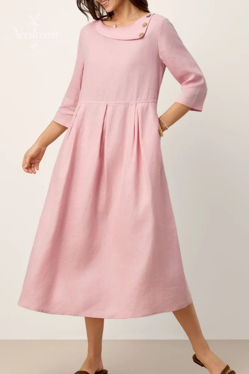 Linen Crescent Neck Decorative Button Waist Pleated Maxi Dress