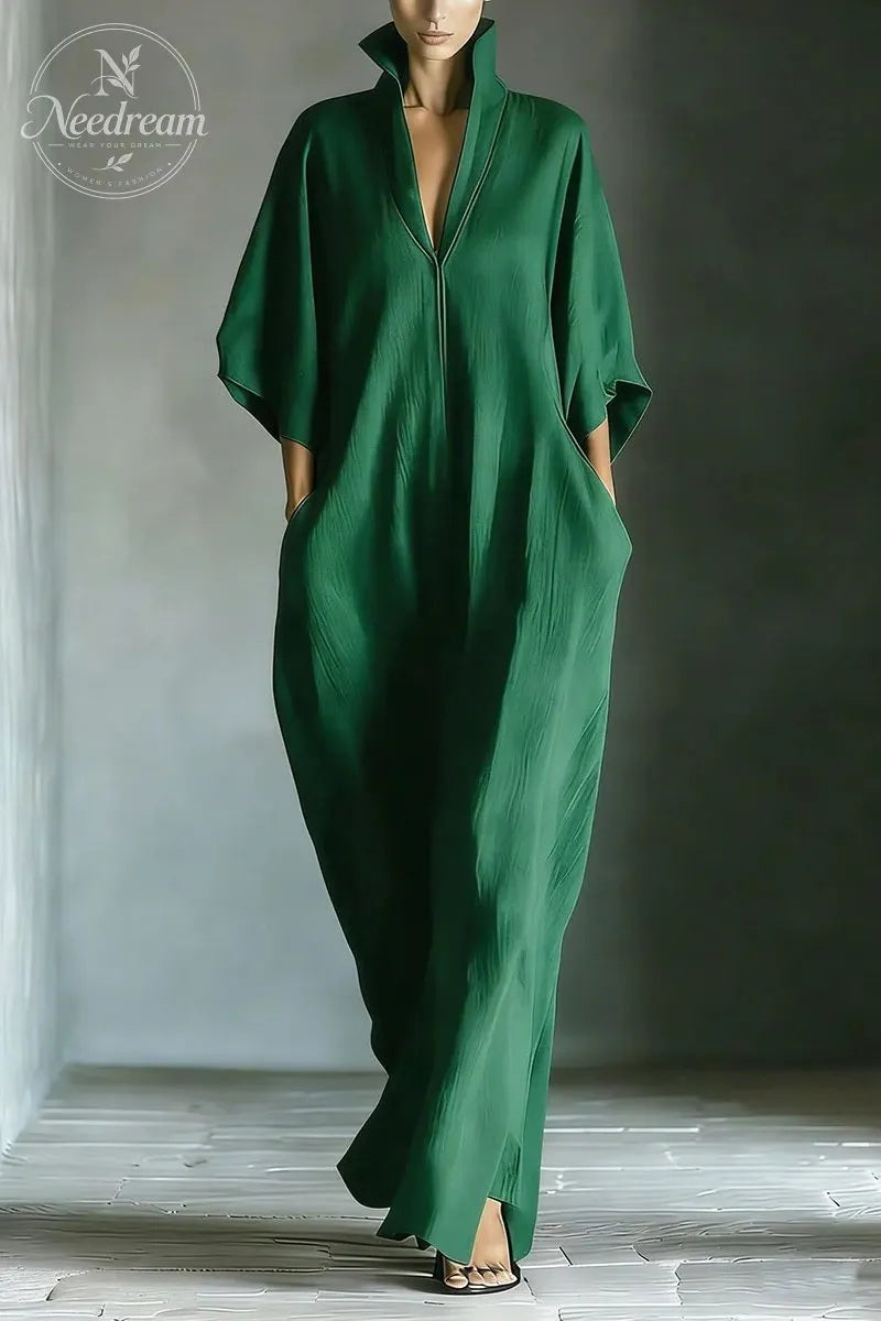 Women's Black Cotton Blend Fabric Oversized Kimono-Sleeve Maxi Dress With Pockets