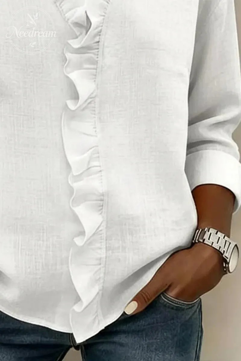 Ruffled V-Neck Long-Sleeved Cotton Shirt