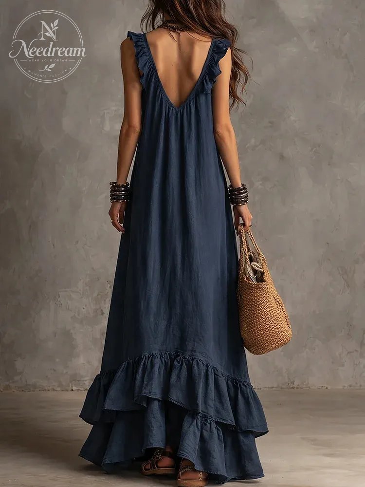 Elegant Bohemian V Neck Ruffle Maxi Dress