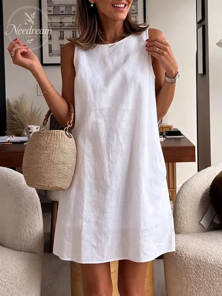 Simple And Casual Solid Color A-Line Cotton And Linen Dress