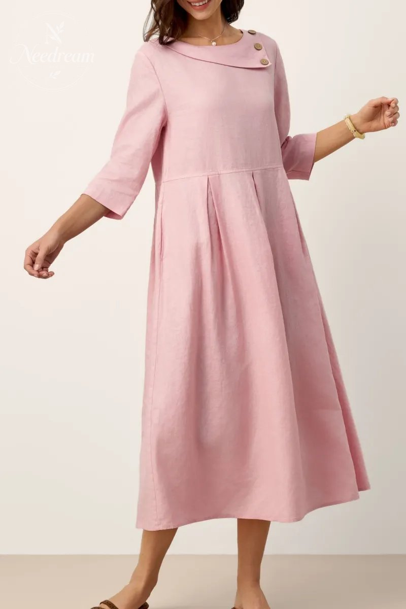 Linen Crescent Neck Decorative Button Waist Pleated Maxi Dress