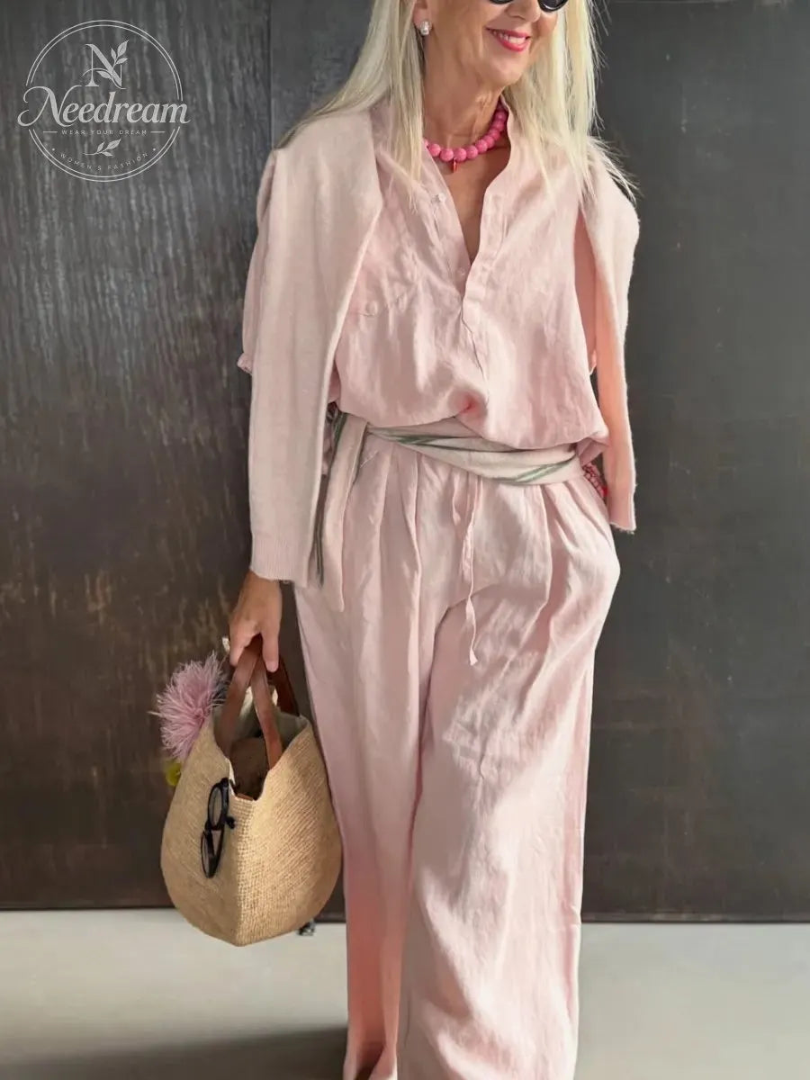 Women'S Loose-Fitting Pink Linen Set
