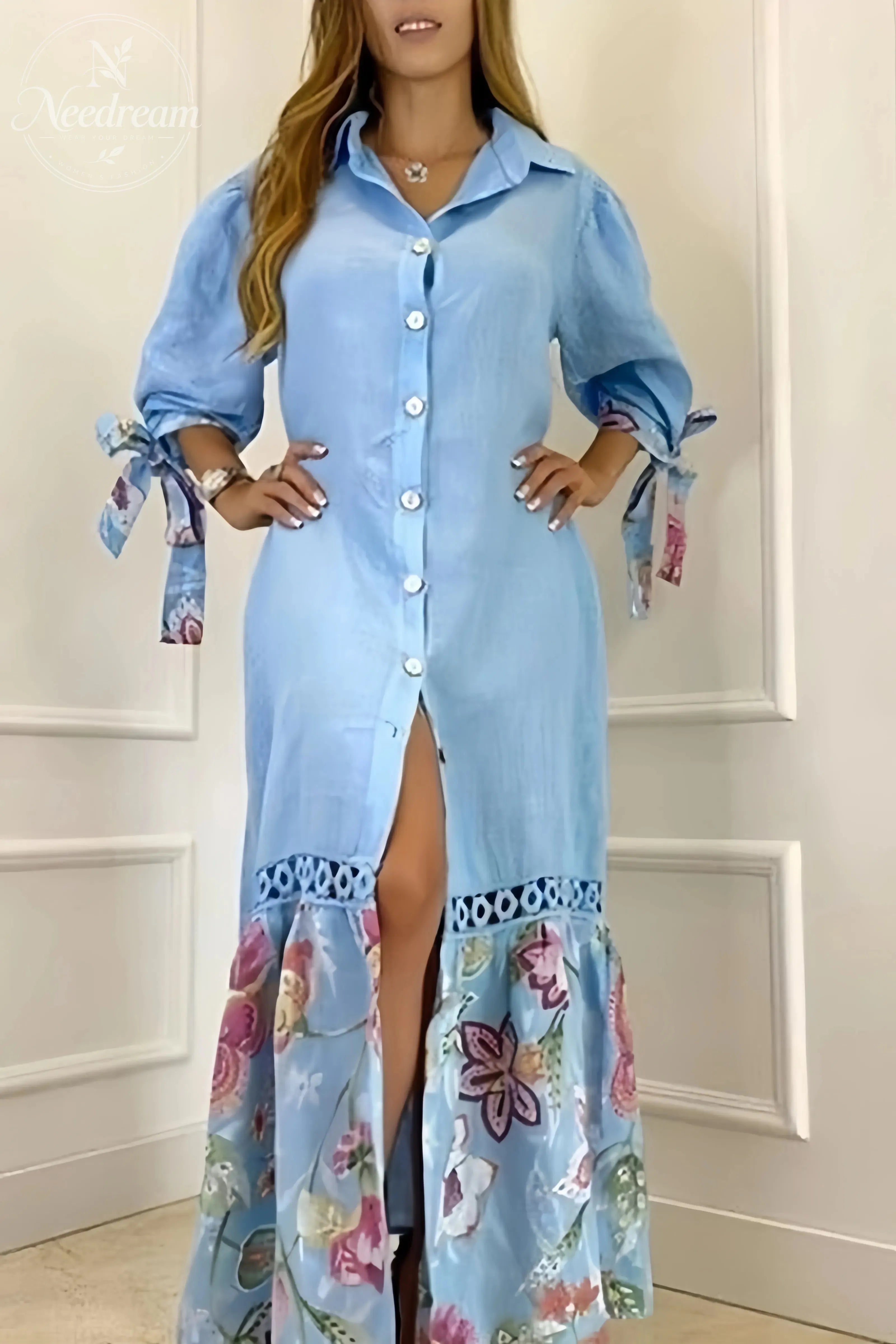 Rosedale Floral Print Crochet Lace Patchwork Shirt Dress