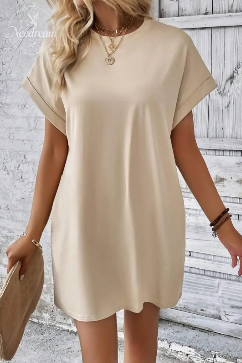 Casual Minimalist Round Neck Roll Up Sleeve Dress
