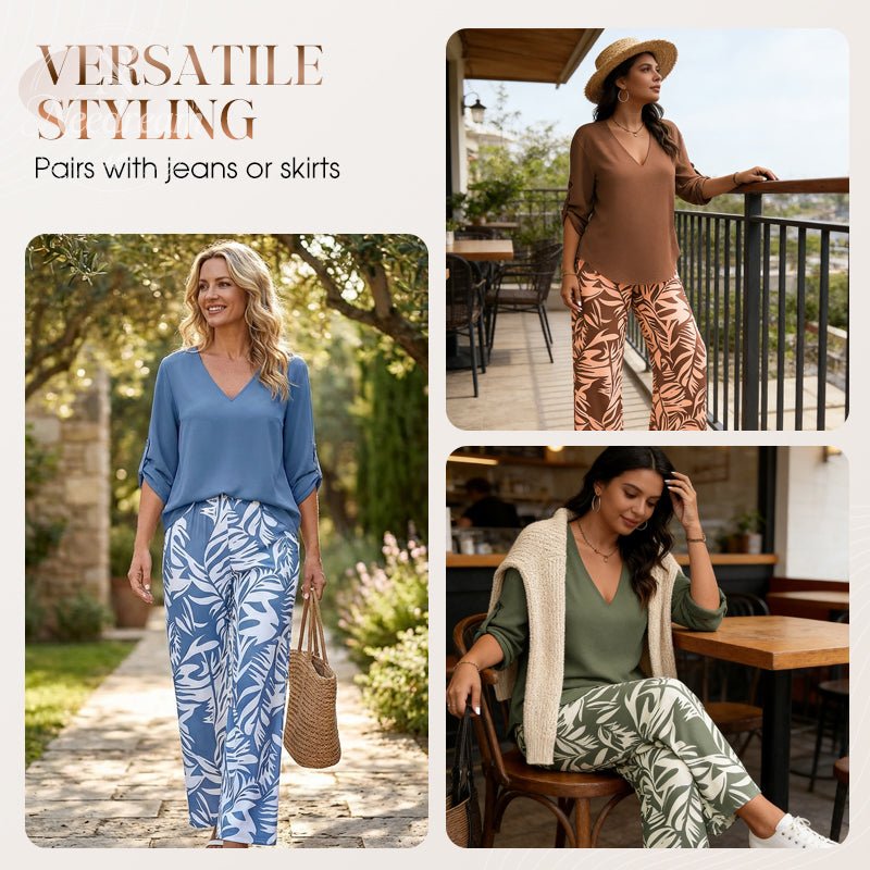 Women'S Suit: V-Neck Top And Printed Wide-Leg Pants